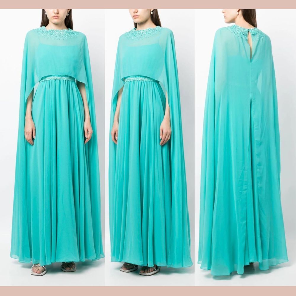 NWT $1095 Sachin & Babi [ 0 ] Lavina Beaded Gown with‎ Cape Bahama Blue Q1143